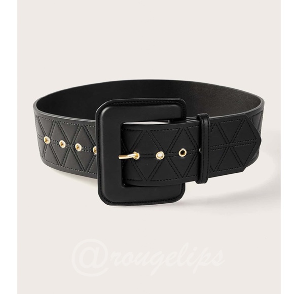 Black Faux  Leather Textured Quilted Belt Squared Buckle - Picture 5 of 10